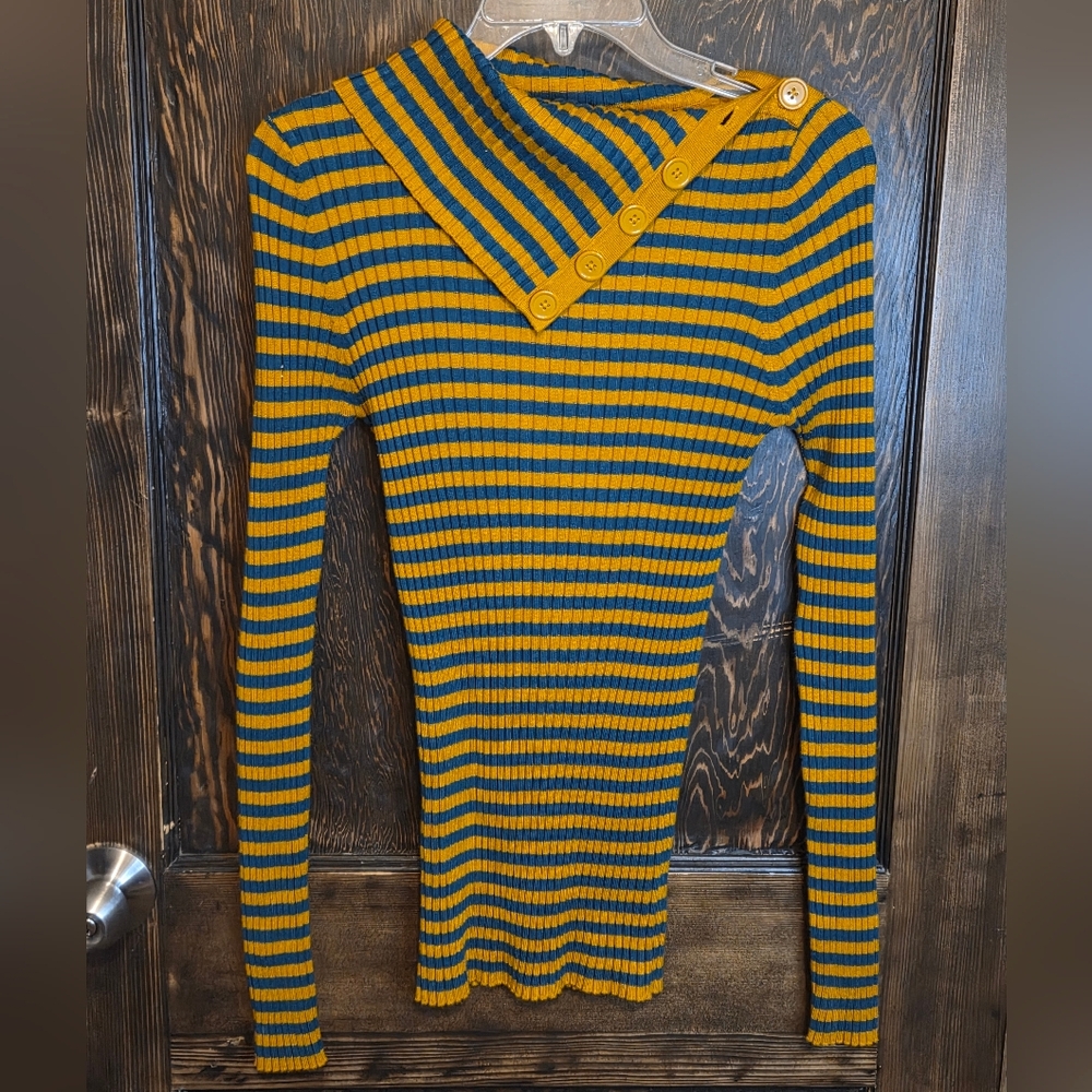 Vntg Mossimo Supply Co. Button Turtle Neck Striped Sweater-Mustard & Dark Teal